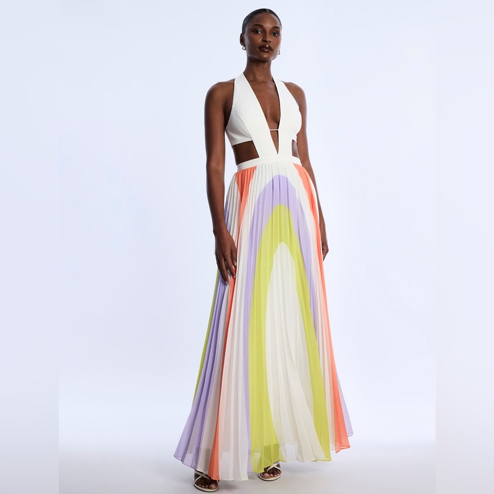 BCBG Printed Pleated Cutout Maxi Dress